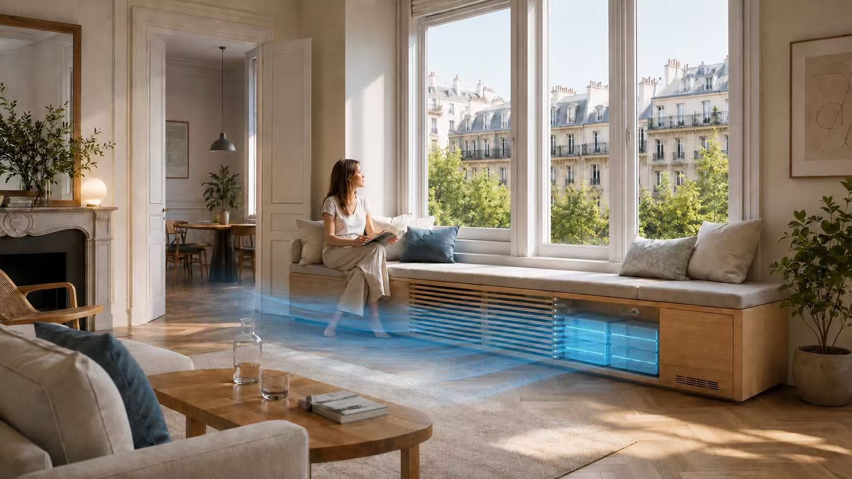 A window bench with hidden PCM cooling modules in a bright living room