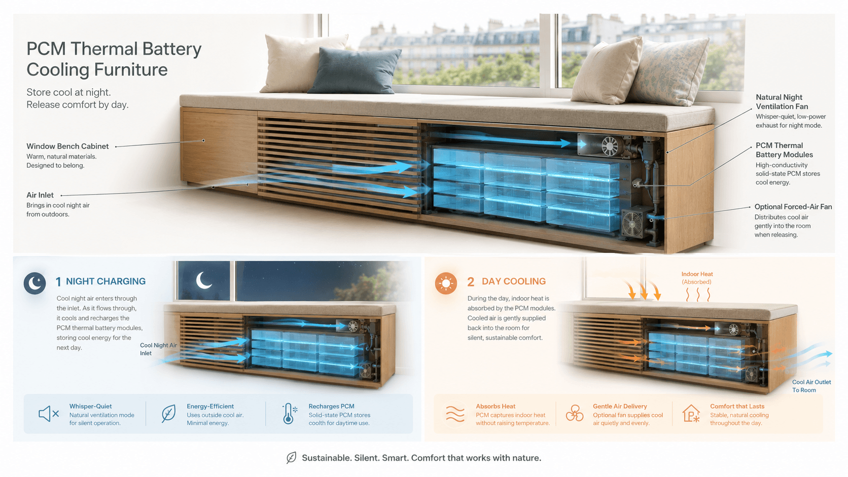 Annotated cutaway of the PCM thermal battery bench showing night charging and day cooling airflow