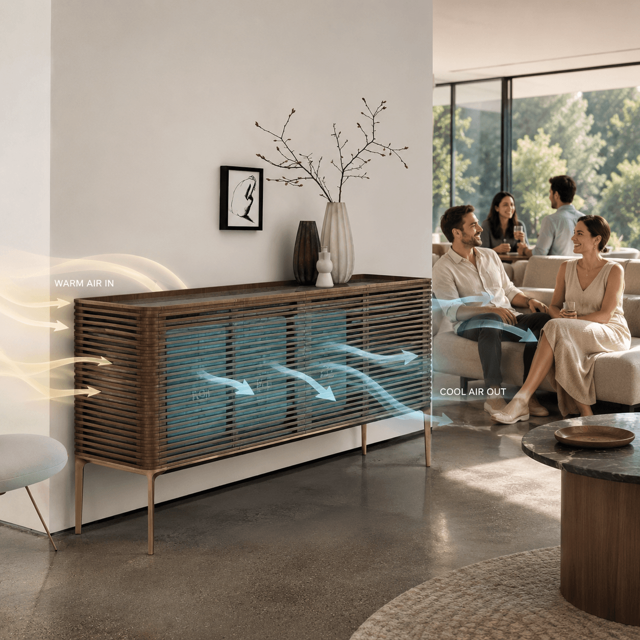 Slatted sideboard drawing warm room air in and releasing cool air out while people relax nearby