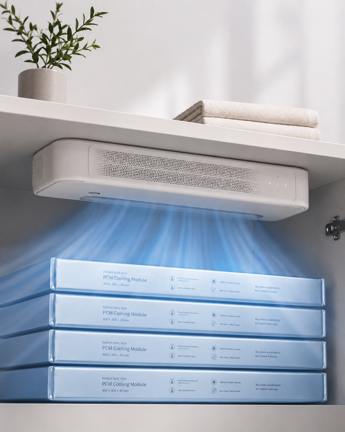 Compact recharge unit mounted under a shelf, blowing cool air over a stack of PCM cooling modules