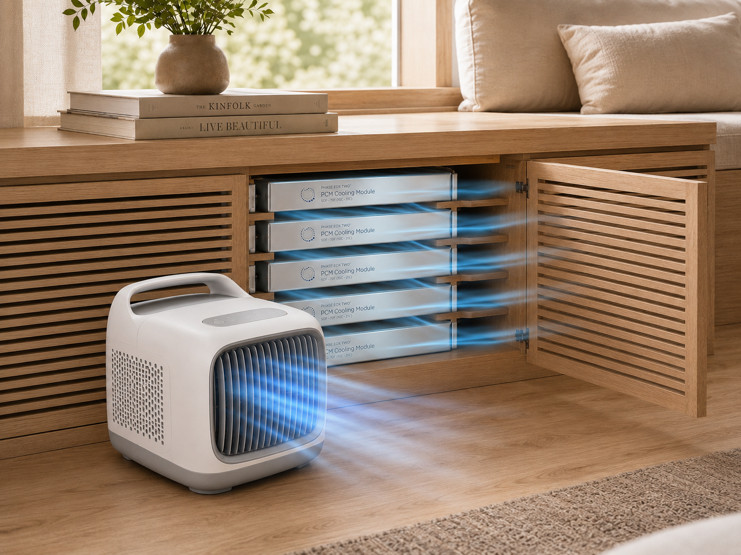A portable fan recharging the PCM module bank inside a window bench with a stream of cool air