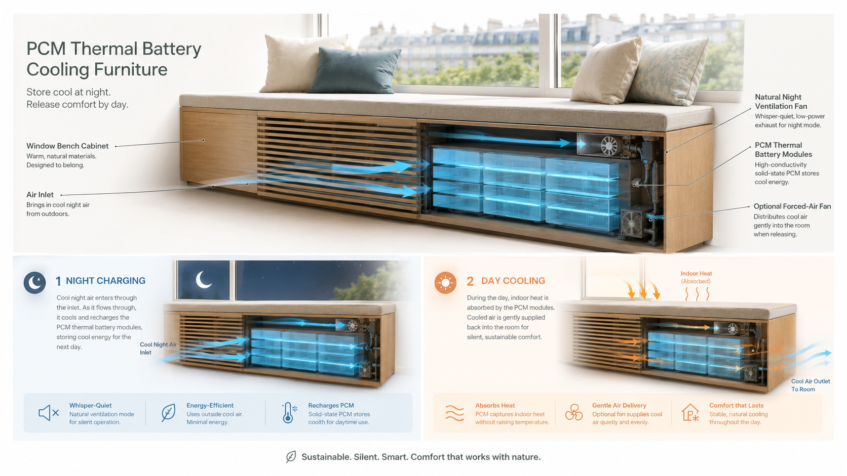 Annotated cutaway of the air-side PCM bench showing night charging and day cooling airflow
