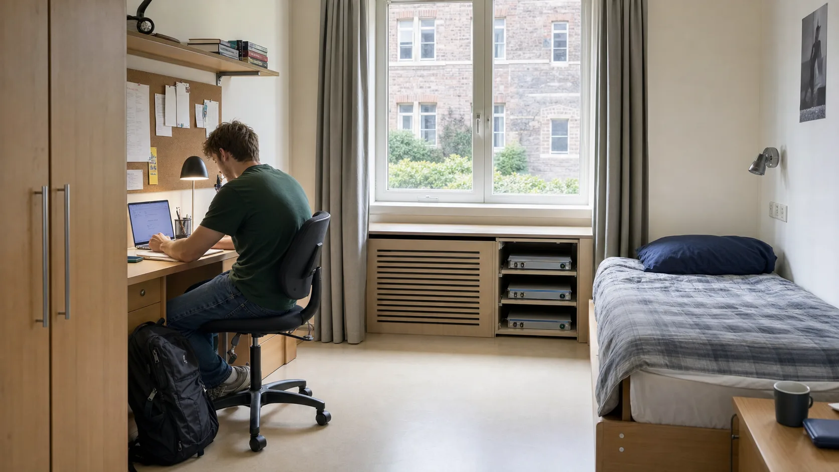 Compact European university residence bedroom with a vented PCM module cabinet beneath the window