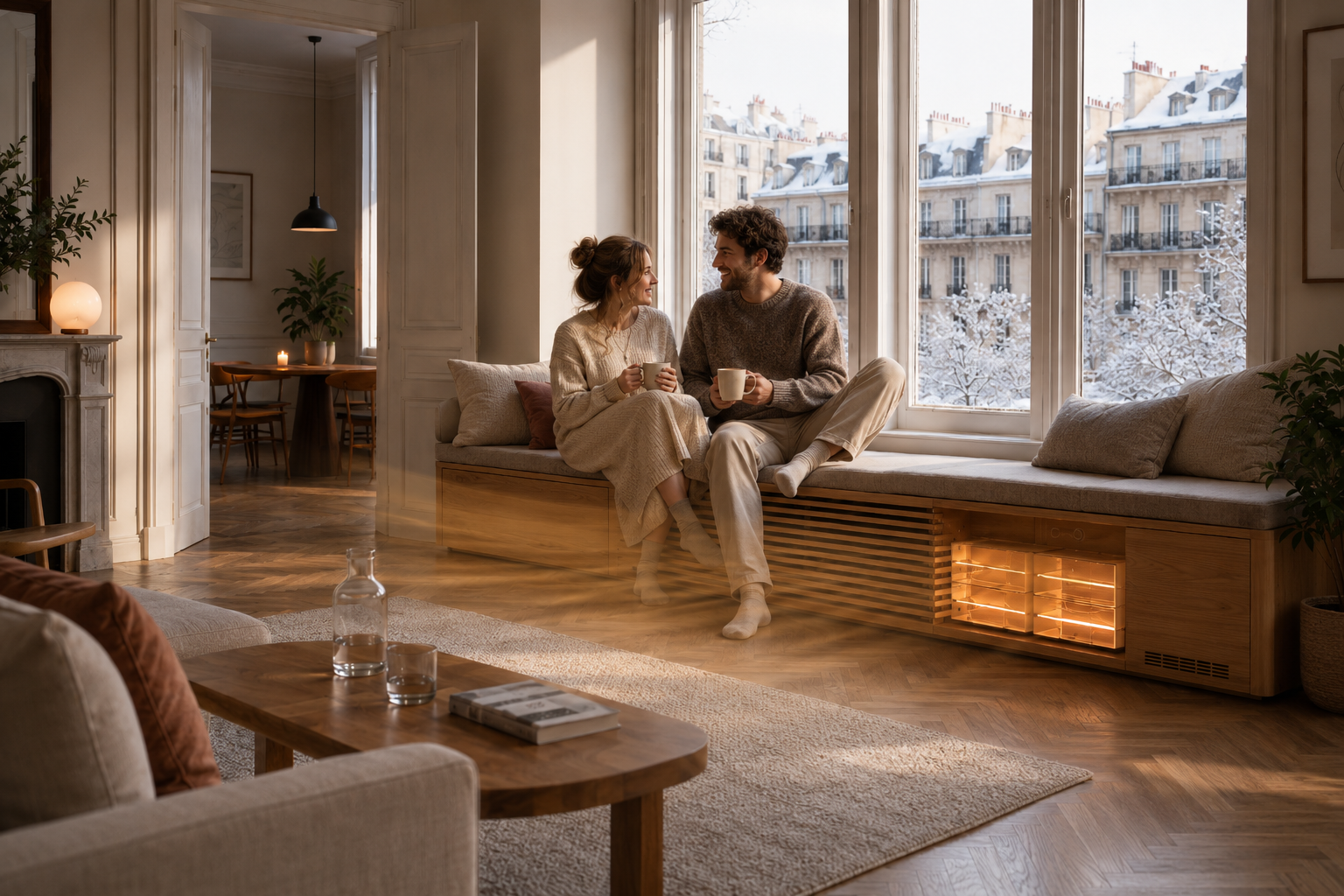 A couple enjoying warm drinks on a window bench in winter while PCM heat modules glow softly behind the slats